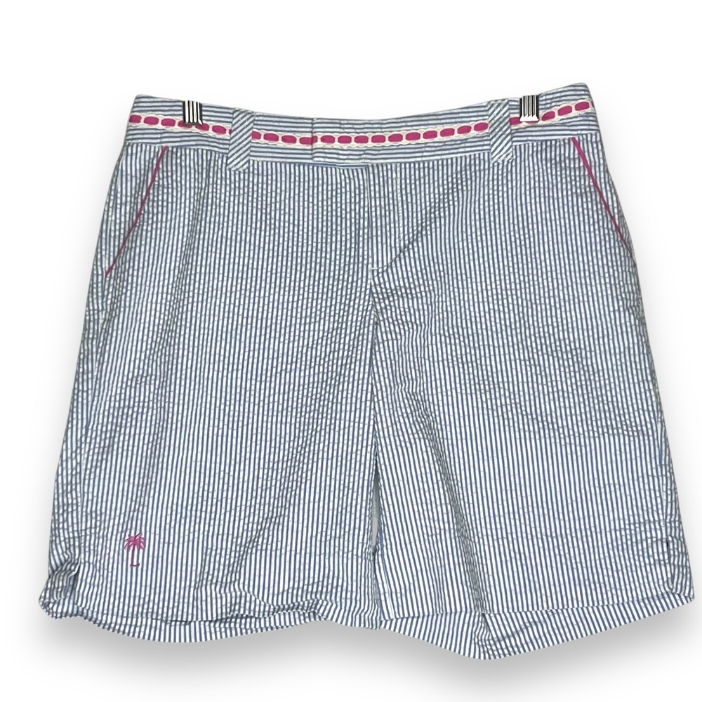Lilly Pulitzer 10 Seersucker Palm Beach‎ Fit Shorts Blue Pink Trim Coastal Beach